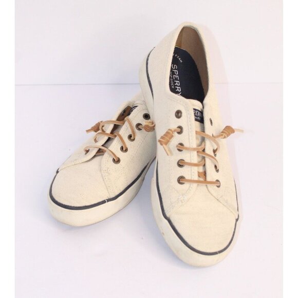 Sperry Woven Canvas Cushioned Slip On Boat Shoes Women's 10 M Cream Blue Lace UP - Picture 9 of 9